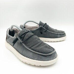 HEY DUDE Wendy Chambray Off Black Slip On Canvas Shoes Loafers Womens 6